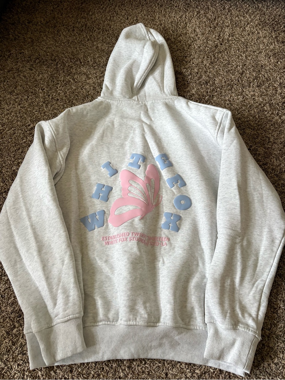White Fox Boutique Light Gray Hoodie with Pink Butterfly Accent - Picture 4 of 5